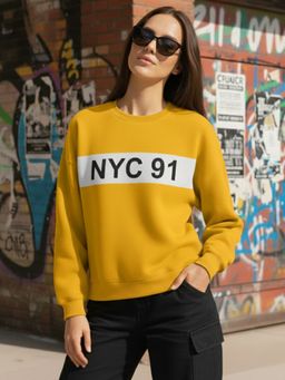 LEOTUDE - Women Yellow Fleece Typography Regular Fit Sweatshirt