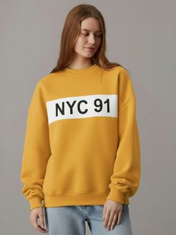 LEOTUDE - Women Yellow Fleece Typography Loose Fit Sweatshirt