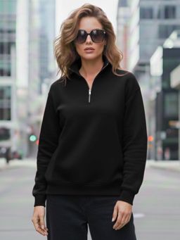 LEOTUDE - Women Black Fleece Solid Loose Fit Sweatshirt