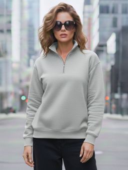 LEOTUDE - Women Grey Fleece Solid Loose Fit Sweatshirt