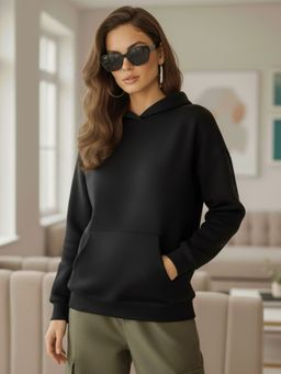 LEOTUDE - Women Black Fleece Solid Hoodies