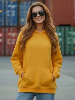 LEOTUDE - Women Mustard Fleece Solid Hoodies