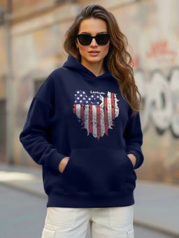LEOTUDE - Women Navy Blue Fleece Graphic Hoodies