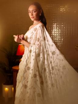 Libas Art - Women White Tissue Embellished Saree