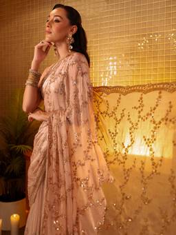 Libas Art - Women Beige Tissue Embellished Saree