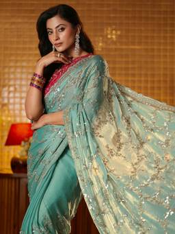 Libas Art - Women Green Tissue Embellished Saree
