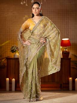 Libas Art - Women Green Tissue Embellished Saree