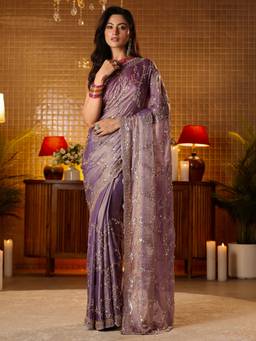 Libas Art - Women Lavender Tissue Embellished Saree