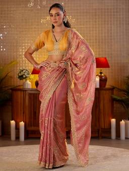 Libas - Women Peach Tissue Embroidered Embellished Saree