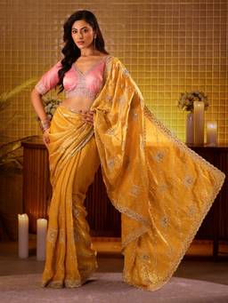 Libas - Women Mustard Tissue Embroidered Embellished Saree