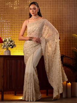 Libas - Women Cream Net Embroidered Embellished Saree