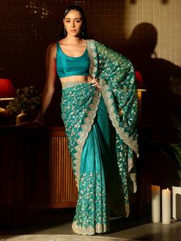 Libas - Women Green Net Embroidered Saree