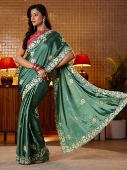 Libas - Women Green Satin Embroidered Saree