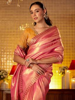 Libas - Women Peach Silk Blend Beads And Stones Handloom Saree