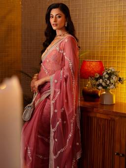 Libas - Women Pink Chiffon Thread Work Embroidered Saree