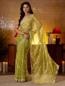 Libas - Women Green Chiffon Thread Work Embroidered Saree