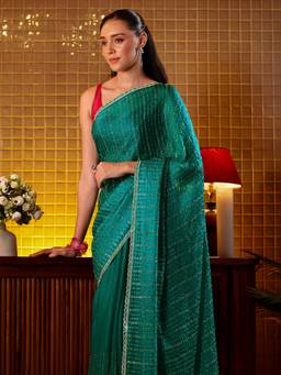 Libas - Women Green Tissue Beads And Stones Embellished Saree