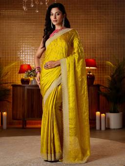 Libas - Women Mustard Chiffon Embellished Saree