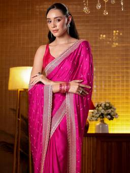 Libas - Women Magenta Chiffon Embellished Saree