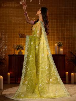 Libas - Women Green Chiffon Embellished/Sequined Embroidered Saree