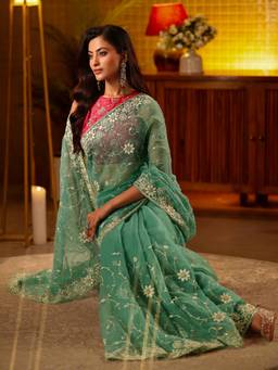 Libas - Women Green Chiffon Embellished/Sequined Embroidered Saree