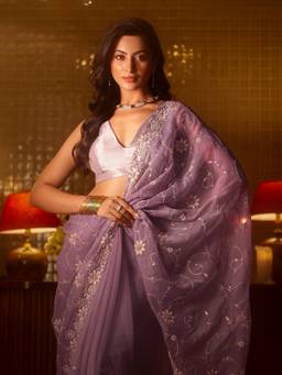 Libas - Women Lavender Chiffon Embellished/Sequined Embroidered Saree