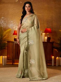 Libas - Women Green Tissue Beads And Stones Embellished Saree