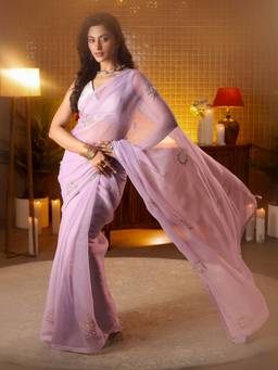 Libas - Women Lavender Silk Blend Lace Work Embellished Saree