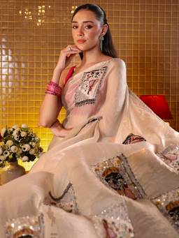 Libas - Women Taupe Silk Blend Thread Work Printed Saree