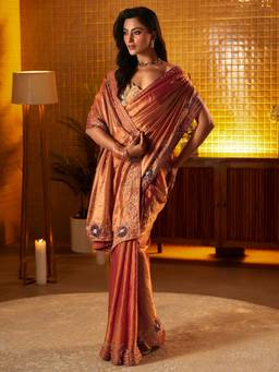 Libas - Women Peach Silk Blend Beads And Stones Embellished Saree