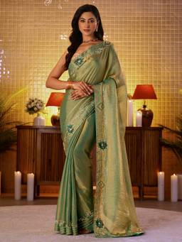 Libas - Women Green Silk Blend Beads And Stones Embellished Saree