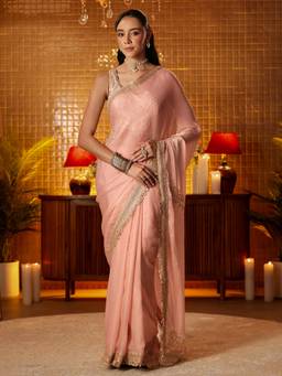 Libas - Women Peach Silk Blend Thread Work Embellished Saree