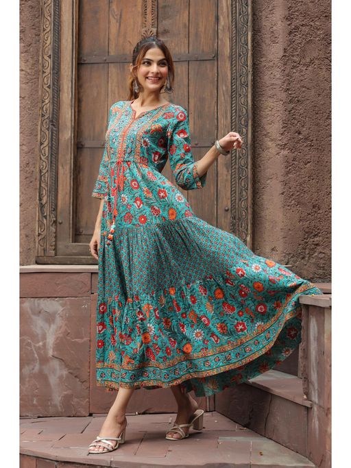 Buy Rain & Rainbow Women Green & Red Ethnic Pure Cotton A-line Midi Dress  Online