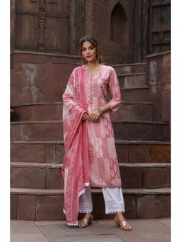 Rain & Rainbow - Women Peach Printed Sequinned A-line Kurta with Trouser and Dupatta (Set of 3)