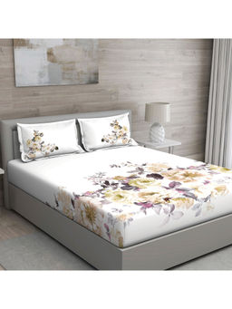 GM - White Yellow And Purple Floral 150 Tc Cotton Queen Bedsheet With 2 Pillow Covers