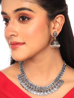 Yellow Chimes - Silver Oxidized Jewellery Antique Choker Necklace Set with Jhumka Earrings