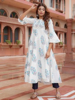 Rangmayee - White and Blue Gotta Patti Printed Cotton Anarkali Dress