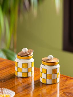 ExclusiveLane - Shatranj Checkered Storage Jars & Containers in Ceramic (Airtight, Set of 2, 500 ML)