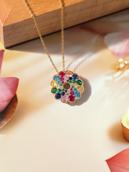 Ornate Jewels - Lollipop 925 Silver 18K Gold Plated Multi Stone Pendant with Chain for Women & Girls
