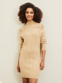 Lipsy - Knitted Beige Cold Shoulder Jumper Mini Dress