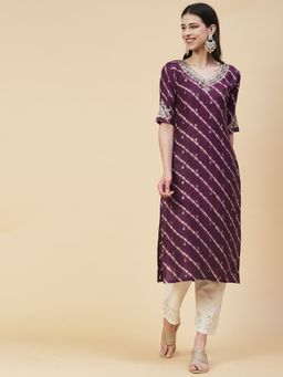 FASHOR - Leheriya Printed Zari & Sequin Embroidered Kurta Purple