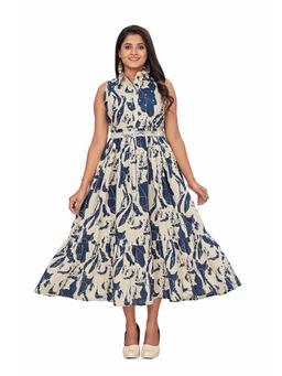 Amchoor - Women Beige Cotton Printed Midi Dress with Belt (Set of 2)