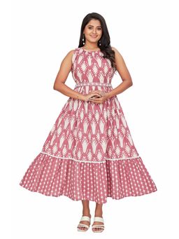 Amchoor - Women Mauve Cotton Printed Midi Dress with Belt (Set of 2)