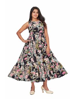 Amchoor - Women Black Cotton Printed Midi Dress with Belt (Set of 2)