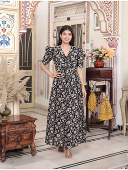 Miravan - Women Pleated Puff Sleeve Floral Pure Cotton Black and White Maxi Dress