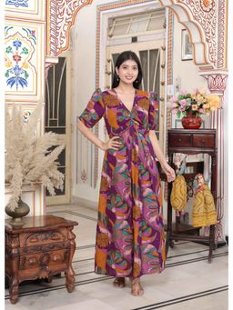 Miravan - Women Floral Print Puff Sleeve Pure Cotton Fit Flare Magenta Maxi Dress