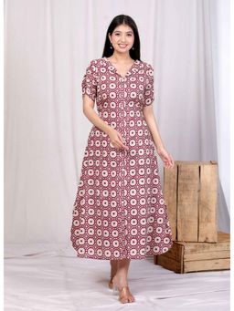 Miravan - Women Cotton Floral Printed Cream A-Line Midi Dress