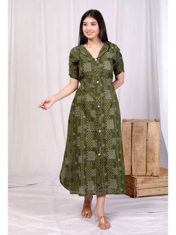 Miravan - Women Pure Cotton Floral Printed Green Button Down A-Line Midi Dress