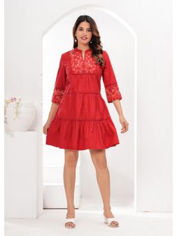 Zolo Label - Maroon Cotton Embroidered Midi Dress