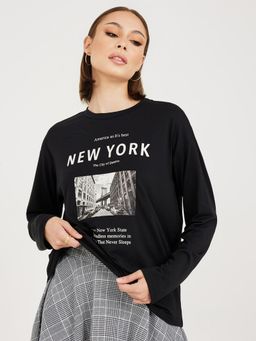 Styli - Black Long Sleeves New York Photo Print Oversized Longline T-Shirt